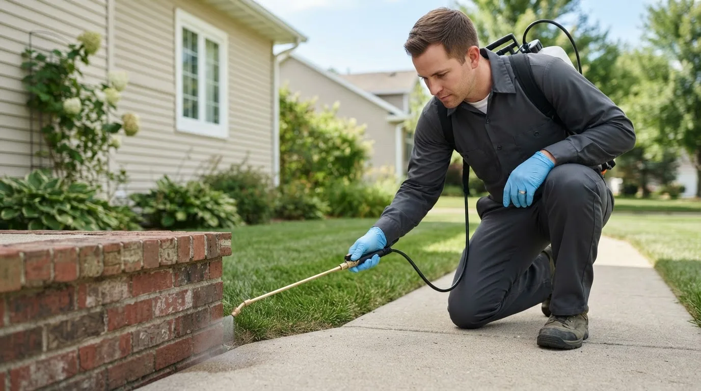 Pest control technician treating a home near Scott Air Force Base, IL